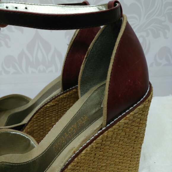 Y2K Kenneth Cole Reaction Wedge Heel Sandals Ankle Strap US Size 8.5 Red Leather - Picture 4 of 12